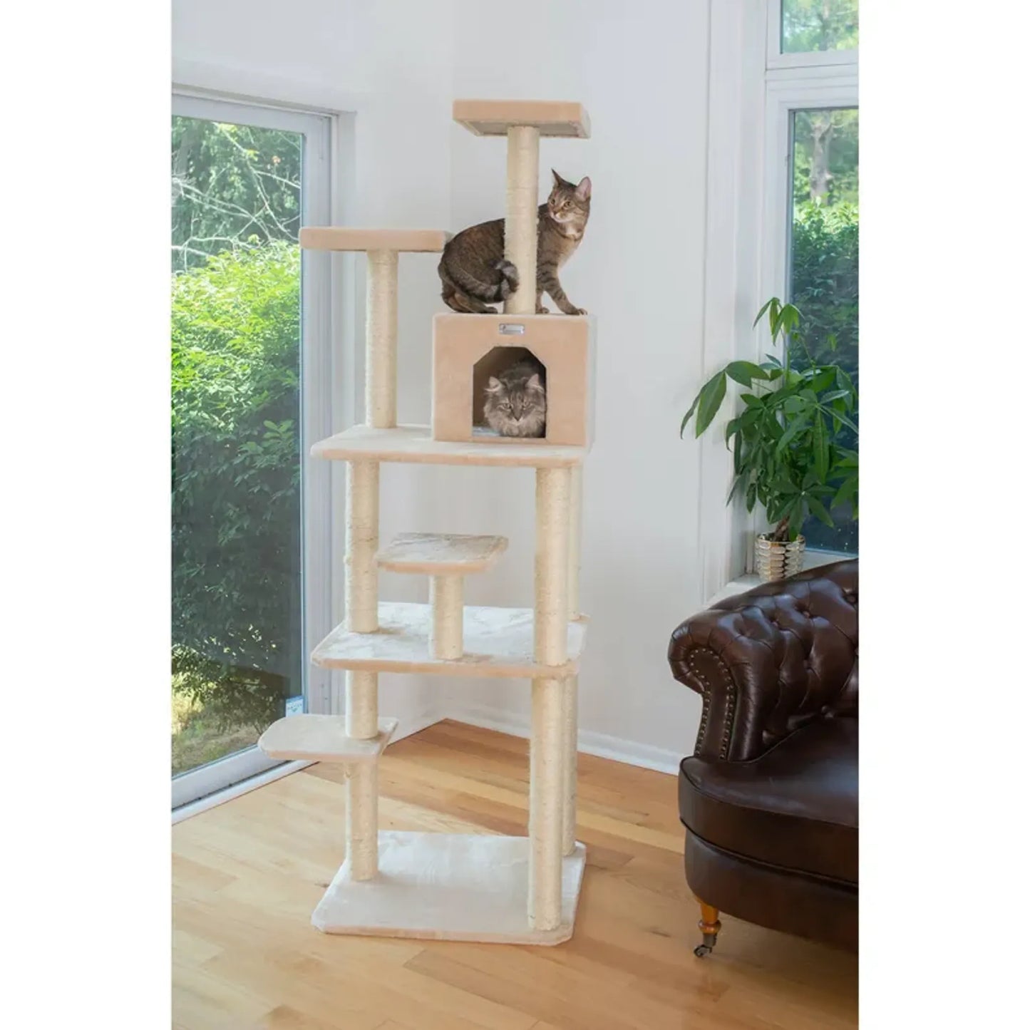 GleePet Real Wood 74-Inch Cat Tree With Seven Levels, Beige