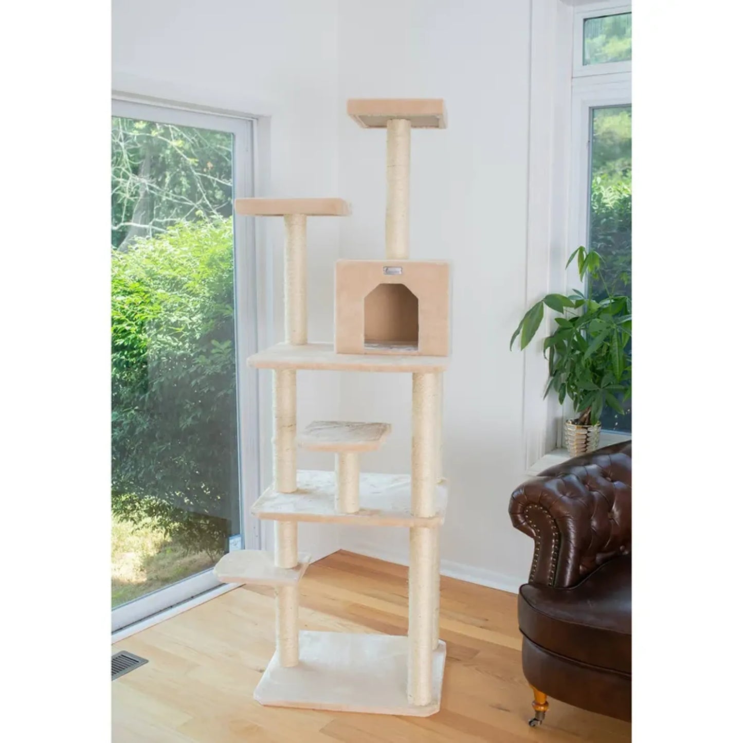 GleePet Real Wood 74-Inch Cat Tree With Seven Levels, Beige